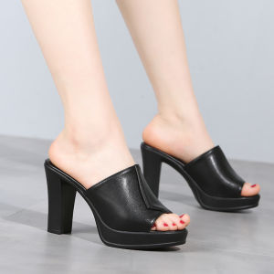 Black Waterproof High Heel Chunky Heel Outdoor Slippers Womens Summer Thick Bottom for Outdoors Slimming and Fashionable Peep-Toe Slippers Women