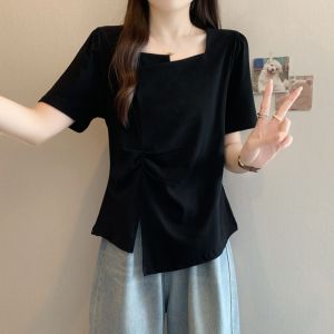 Áo Thun Nữ Tay Ngắn Dáng Rộng Không Đều Mùa Hè Mới Cỡ Lớn Che Giấu Mỡ Giảm Cân Áo Thun Cổ Vuông Thường Ngày