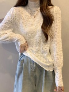 Áo Sơ Mi Lót Lụa Ren Dày Cổ Cao Tay Dài Thời Trang Thu Đông Cho Nữ Cỡ Lớn Mặc Trong Quần Áo Công Sở Phong Cách Hàn Quốc