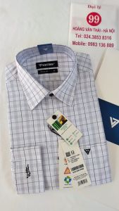 [Việt Tiến] Áo Sơ Mi Dài Tay - Regular (Suông) - Vạt Bầu - Kẻ ô xám nền trắng