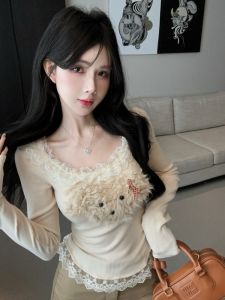 GUZILIAN | Sweet Pet Dog Lazy Style Waist-Cinching Slimming Long Sleeve Knitwear Womens Autumn Winter Inner Wear Hot Girl Slim Fit Knitted Shirt