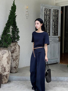 YUFUQING | French Style Loose Casual Round Neck Short Sleeve Top And Pants Two Piece Set For Women In Dark Blue Vintage Slimming Effect