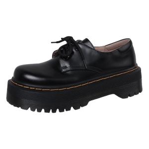 รองเท้าส้นหนาสีดำสไตล์ญี่ปุ่นสำหรับผู้หญิง พื้นยาง รองเท้าหนัง PU ส้นสูงปานกลาง รองเท้าลำลอง สไตล์วิทยาลัยสีดำสไตล์อังกฤษ รองเท้าส้นแบนสไตล์ฝรั่งเศส