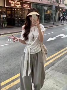 SENWA | New One-Shoulder Striped T-shirt and Wide-leg Pants Set