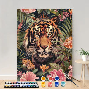 Kayou | Number Oil Painting Tiger and Beautiful Flower Kit Unframed Canvas Painting By Numbers DIY Handmade Artwork Wall for House Decor