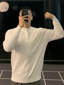 New Henry Long Sleeve Knitted Fitness Sportswear Mens Base Layer Elastic Slim Polo Shirt Moisture Wicking Ultra Light Anti-static