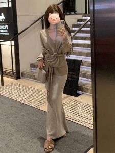 BINKAFENNY | Early Autumn Korean Style Chic Womens Outfit Top And Wide Leg Pants Asymmetrical Belt Design Two Piece Set Fashionable Ensemble