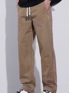 mid Waist Drawstring Casual Pants Loose Fit Sporty Style Green Color Mens Casual Trousers with Pockets Straight Leg