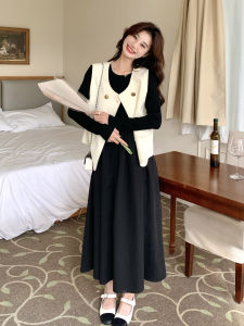Black Korean Style Loose Feel Dress Set Womens Autumn New Arrival Two Piece Suit Small Fragrance Vest Casual Long Sleeve