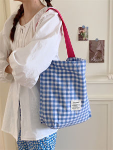 2025 New Womens Canvas Tote Bag Commuter Shoulder Crossbody Bag Checkered Pattern HiOrange Brand Korean Style Youth Bag