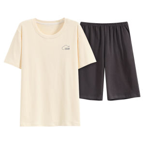 MiiOW | ชุดนอนผู้ชายผ้าฝ้ายแท้ MiiOW ฤดูร้อน 2025 แขนสั้นบาง สไตล์ลำลอง ชุดอยู่บ้าน ใส่กลางแจ้ง ทรงหลวม คอกลม สีพื้น