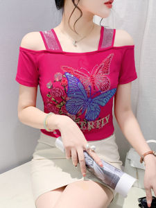 ทันสมัย เซ็กซี่ แขนสั้นเปลือกไหล่ สลิมฟิต ฤดูร้อน เสื้อยืด ผู้หญิง สไตล์ประดับเพชร ตาข่าย ลายดอก