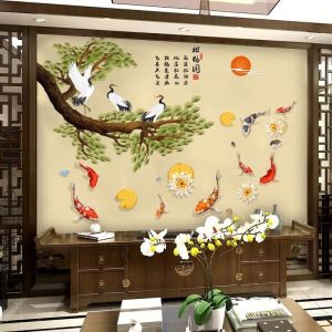 New Chinese Style Living Room Decorative Wall Stickers Wind Crane Landscape Painting 3D Self Adhesive Waterproof PVC Wall Decals