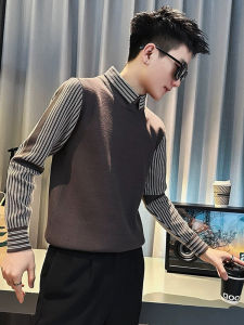 Mens Knitted Sweater Fleece Lined Thick Casual Base Layer Shirt Inner Wear Two-Piece Set Fashionable Urban Style Long Sleeve