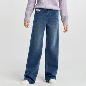 Balabala | BalaBala Childrens Winter Fleece Lined Denim Jeans Girls Straight Leg Casual Trousers mid Waist Cotton Blend Fabric