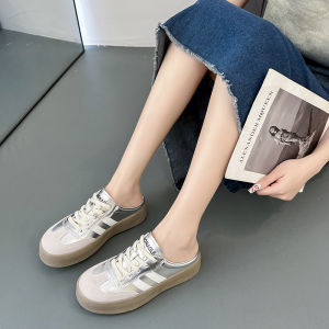 IELGY 2024รองเท้าเดี่ยวสไตล์ใหม่ปิดปลายเท้าสลิป-On รองเท้าผู้หญิงส้นหนาไม่มีส้น