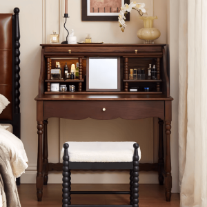 Retro American Style Wooden Makeup Desk Integrated Storage Dressing Table Small Bedroom Mid-Century Modern Design Nightstand