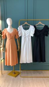 D11779 Vintage Crinkled Sleeve High Waist Dress