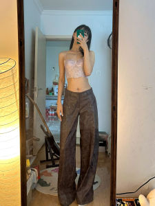 กางเกงขายาวทรงตรงเอวสูงสำหรับผู้หญิง กางเกงขายาวทรงตรงสีน้ำตาลสไตล์ย้อนยุค กางเกงขายาวทรงหลวมสำหรับผู้หญิงในฤดูใบไม้ผลิและฤดูใบไม้ร่วง