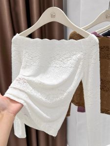 Elegant White Lace Base Shirt Unique Shoulder Design Fleece Treatment Slim Fit Korean Style Commute Wear Cotton Blend Long Sleeve