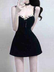 Belle Epoque Elegant Black Lace Halter Dress Waist Cinched A-Line Silhouette Perfect for Daily Wear Spring Summer Season