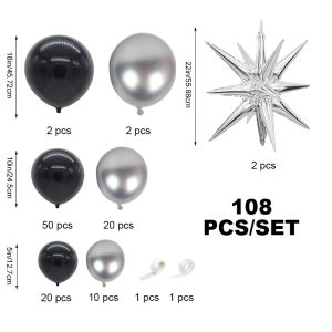 108-Piece Black and Silver Balloon Arch Kit 22inch Silver Explosion Stars Paired with Black and Silver Latex Balloons Suitable for 2026 New Year Parties Graduation Ceremonies Birthdays Bachelor Parties and Decoration Balloons