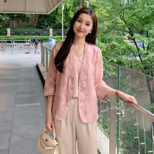 เสื้อแจ็คเก็ตสั้นผู้หญิงฤดูร้อนปี 2024 สไตล์จีนใหม่ ปกโปโล แขนยาว ปกโปโล ทรงหลวม ป้องกันแสงแดด สีชมพูเรียบง่าย ระบายอากาศได้ดี