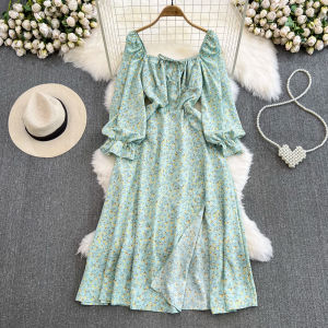 Mùa Xuân Mùa Thu Phong Cách Hàn Quốc Mềm Mại Cổ Vuông Dài Tay In Hoa Đầm Midi Thanh Lịch Cao Cấp Váy Chữ A