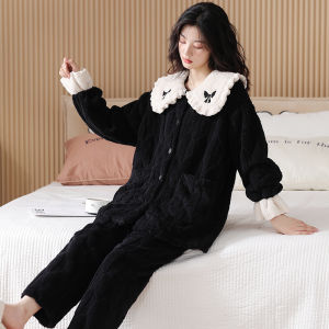 Womens Coral Fleece Padded Thickened Sleepwear Autumn Winter Home Clothes Long Pants Button Decoration Sleep Suit Youth Style