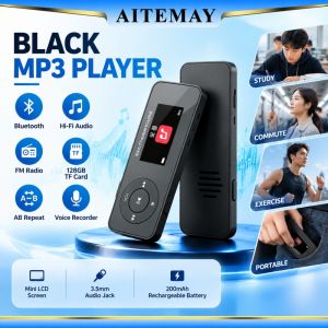 Aitemay MP3 Player Bluetooth 5.3 Color Screen HiFi Lossless Music Player Built In Speaker FM Radio Voice Recorder E-book Support 64GB TF Card Portable Walkman Black