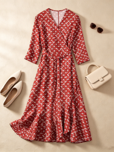 SANGMAN | Flattering V-neck Irregular Hem Wrap Dress Long Summer