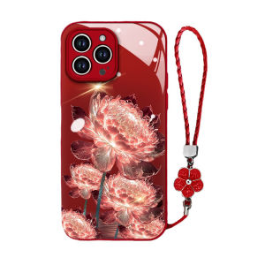 Case for iPhone 16 Pro Max 16Plus 15ProMax 14 13Pro 12ProMax 11 Glass Back Soft Frame Casing With Hanging rope 2025 NewYear Red Lotus flower