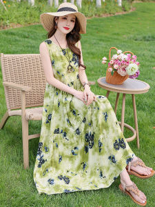 Summer 2025 Womens Loose Long Sleeveless Dress Floral Print Vacation Style Knee-Length Beach Holiday Gown A-Line Gown