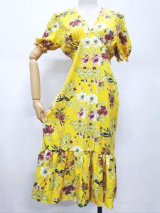 FS-MD053V Floral Short Sleeve V Neck Fishtail Zip Midi Dress Yellow 花卉短袖鱼尾长裙 拉链绑绳 修身显瘦连身裙 黄色