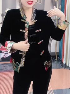 Early Spring 2026 National Trend Velvet Set with Button Placket Splicing Print Slimming Pants Two-Piece Womens Fashion Ensemble