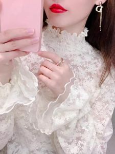 chaqi | Elegant High Collar Lace Base Shirt Women Autumn Winter Long Sleeve Knitwear Inner Ruffle Sleeve Mesh Top Korean Style Commute