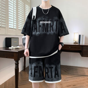 American High Street Short-Sleeved T-shirt Mens Shorts Casual Suit Mens Summer Teenagers Fake Two-Piece Wear Matching a Set
