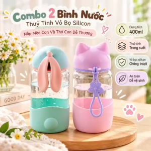 Set 2 Bình Nước Thủy Tinh Bọc Silicon Nắp Mèo Con Thỏ Con 400ml Dễ Thương