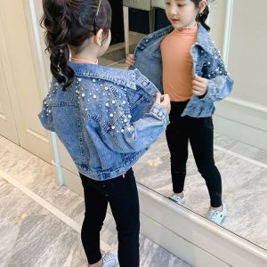 Little DR Jacket Denim for Kids Girl Teenage Cardigan Sweater Pearl Blue Coat 2023 Korean Style Spring Autumn Cowboy Teen Varsity Sweatshirt Long Sleeve Casual Oversize Tops baju sejuk budak perempuan