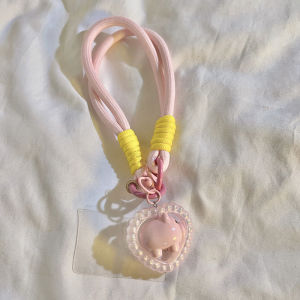 Cute Pink Pig Heart Shaped Nylon Lanyard Mobile Phone Case Creative Handmade Woven Bracelet Anti-fall Phone Strap Girls Accessory