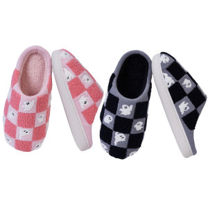 MOJOYCE Womens Warm Checkered Plush Slippers Flat Thermal Non-Slip Indoor Footwear for Relaxing Home Environment