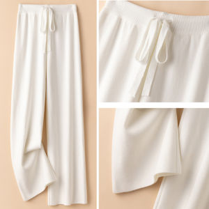 High Waist Straight Leg Knitted Slimming Casual Pants Womens Small Size Draping Floor-Length Trousers Light Fabric Tone