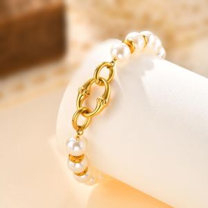 สร้อยข้อมือไข่มุกปลอม Kemstone สำหรับผู้หญิงชุบทองเครื่องประดับโซ่ของขวัญชิ้นใหญ่สแตนเลส