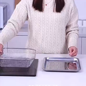 【COD/Original】2pcs set Stainless steel oil filter basket with traydrain basketsteaming rackcooling rackround rackrectangle rackfrying basketcooker canningBBQ grill pancrisper tray for potatoes/fried chickenkitchenware