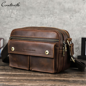 CONTACTS Genuine Leather Crossbody Bag Men Retro Other Quality Casual Messenger Travel Business Crossbody Bag iPad Male Sling Bag