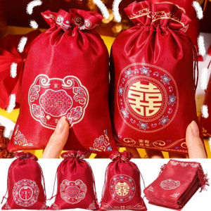 High Quality Chinese Fashion Candy Packing Bag Traditional Red Satin Drawstring Gift Bags Wedding Party Supplies