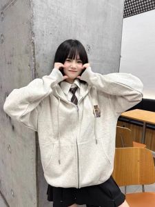 โอเวอร์ไซส์ เสื้อฮู้ด ผู้หญิง ฤดูใบไม้ร่วง ฤดูหนาว หนาขึ้น ผ้าขนแกะ สไตล์ขี้เกียจ ซิป คาร์ดิเกน เสื้อโค้ทหลวมสบาย ผ้าฝ้าย Blend