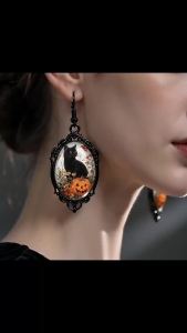 2026 New Halloween Pumpkin Black Cat Dangle Earring Black Lace Oval Earrings Handmade Glass Dome Jewelry Gifts
