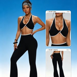 PMWRUN Womens 2-Piece Yoga Set High-Waist Flare Leggings with Tummy Control And Contrast Color Sports Bra for Gym Fitness Outfi