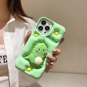 Kawaii Cartoon Dinosaur Silicone Phone Case For iPhone 17 16 15 14 13 12 Pro Max Press Stress Relief Shockproof Protective Cover